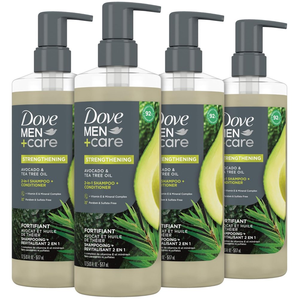 Dove Men+ Care 2-in-1 Shampoo & Conditioner, Avocado & Tea Tree, Strengthening  Mens Shampoo & Conditioner, Sulfate-Free, with Vitamin E, Zinc & Copper for Strong, Healthy Hair, 17.5 Oz (Pack of 4)