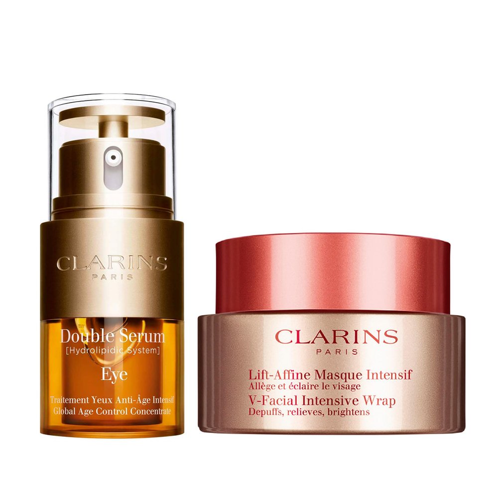 Clarins V-Facial Wrap Face Mask and Double Serum Eye Bundle | Depuffing Face Mask | Anti Aging Eye Cream | Visibly Smooths, Firms, Hydrates and Revitalizes for More Youthful-Looking Eyes in 7 Days*