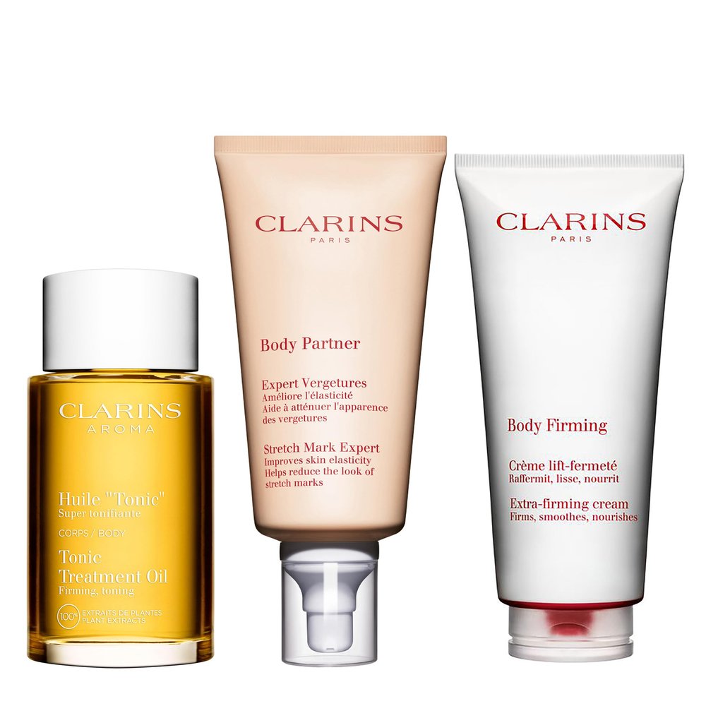 Clarins Tonic Body Treatment Oil, Body Partner Stretch Mark Expert, and Extra-Firming Body Cream Bundle | Stretch Mark Oil | Stretch Mark Cream for Pregnancy | Anti Aging Body Lotion