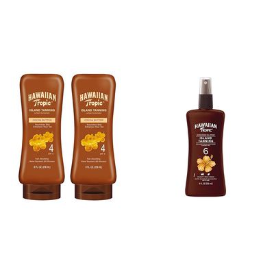 Hawaiian Tropic Island Tanning Lotion Sunscreen SPF 4 Twin Pack and Tanning Oil Spray Sunscreen SPF 6