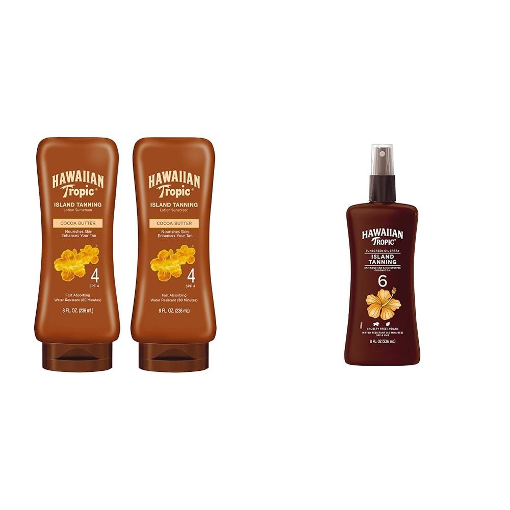 Hawaiian Tropic Island Tanning Lotion Sunscreen SPF 4 Twin Pack and Tanning Oil Spray Sunscreen SPF 6