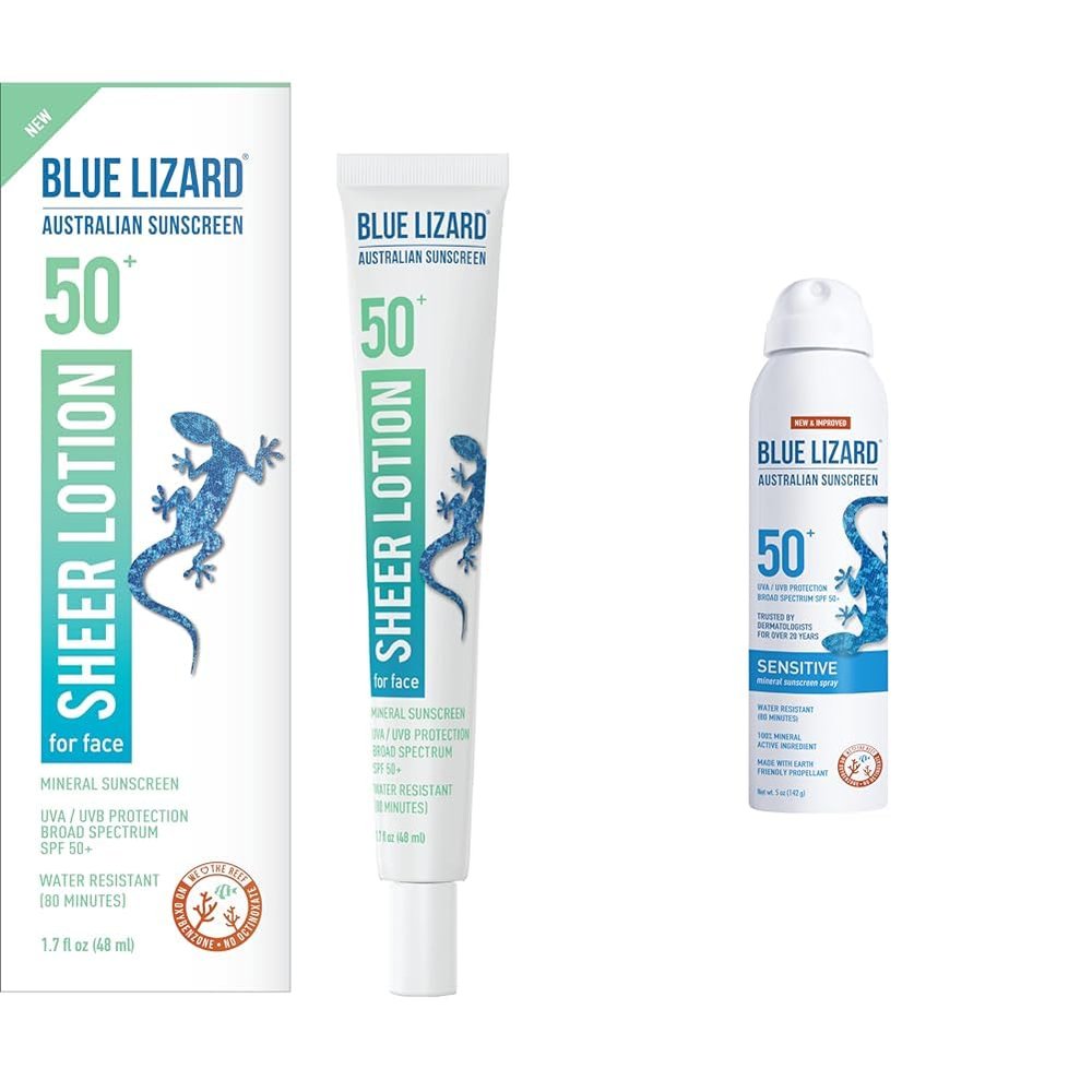 BLUE LIZARD Sheer Face Lotion SPF 50+ 1.7 Oz & Sensitive Mineral Sunscreen Spray SPF 50+ 5 fl oz Bundle