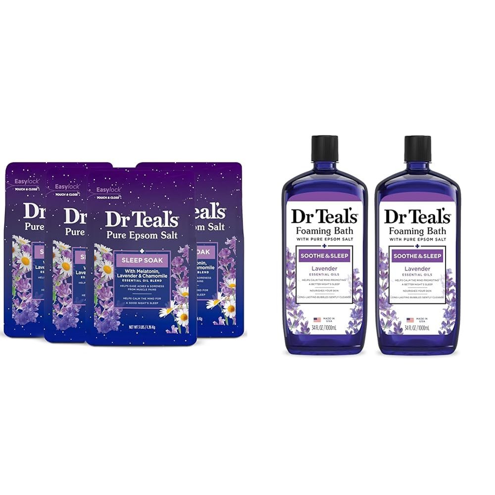 Dr Teal's Epsom Salt Soak & Foaming Bath Bundle with Melatonin & Lavender, 3 lb (Pack of 4) + 34 fl oz (Pack of 2)