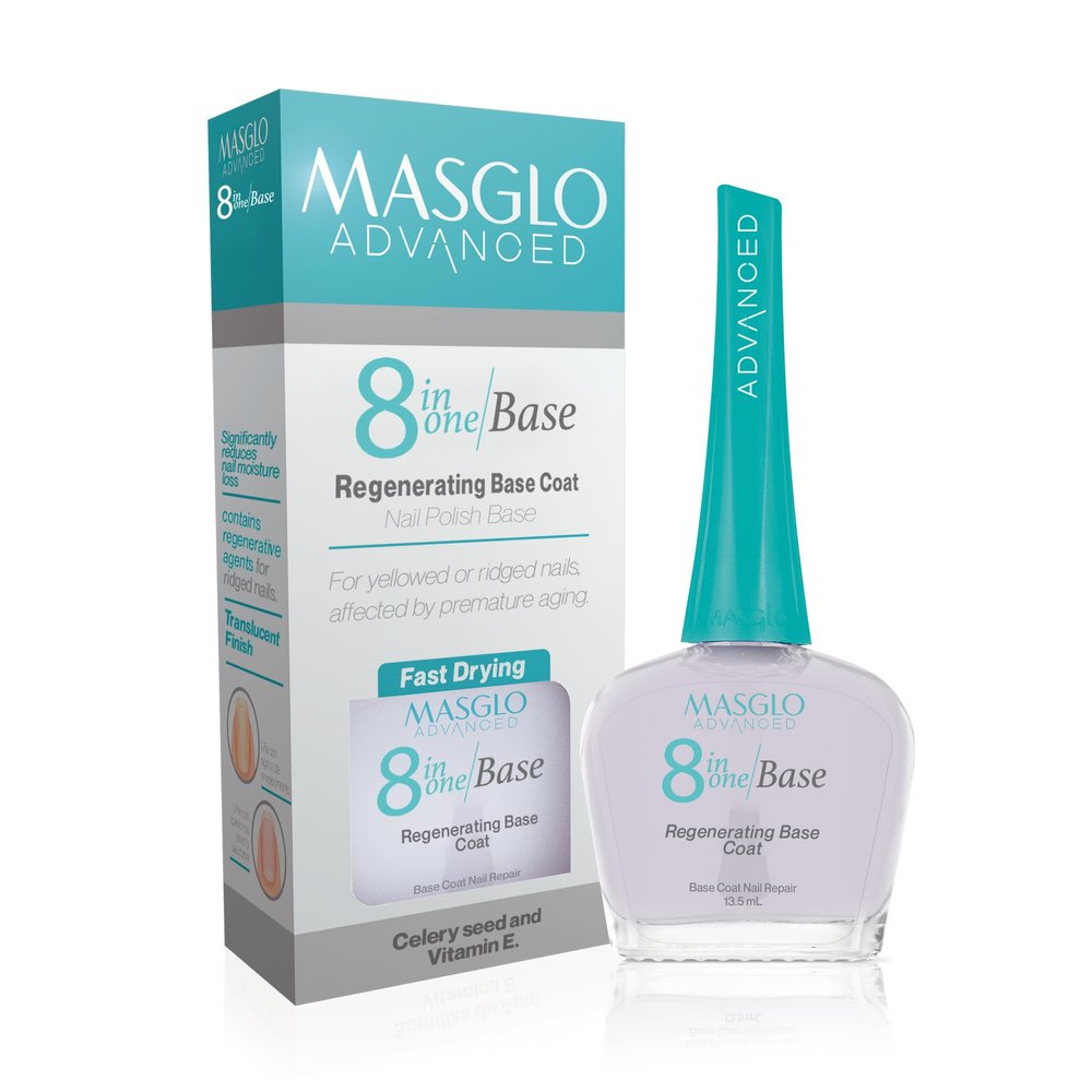 MASGLO 8-in-1 Nail Regenerator Base, Anti-Aging Strengthening Treatment, Hydrating Keratin Booster with Celery Seed Actives, Antioxidant Vitamin E, Smoothing Base, Fast-Drying Clear Shin