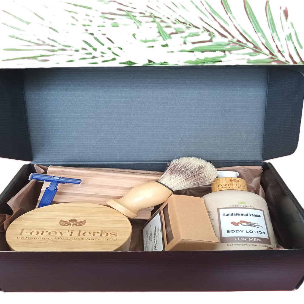 ForevHerbs Men's Grooming Gift Set, Handmade Soap, shaving cream, lotion, shaving brush (Sandalwood Vanilla)