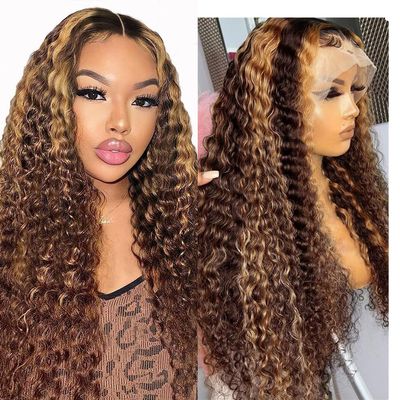 13x6 Highlight Lace Front Wig Human Hair 4/27 Ombre Deep Wave Lace Front Wig Human Hair Pre Plucked With Baby Hair 180% Density Honey Blonde Curly Human Hair Glueless Wigs for Women (32 inch)