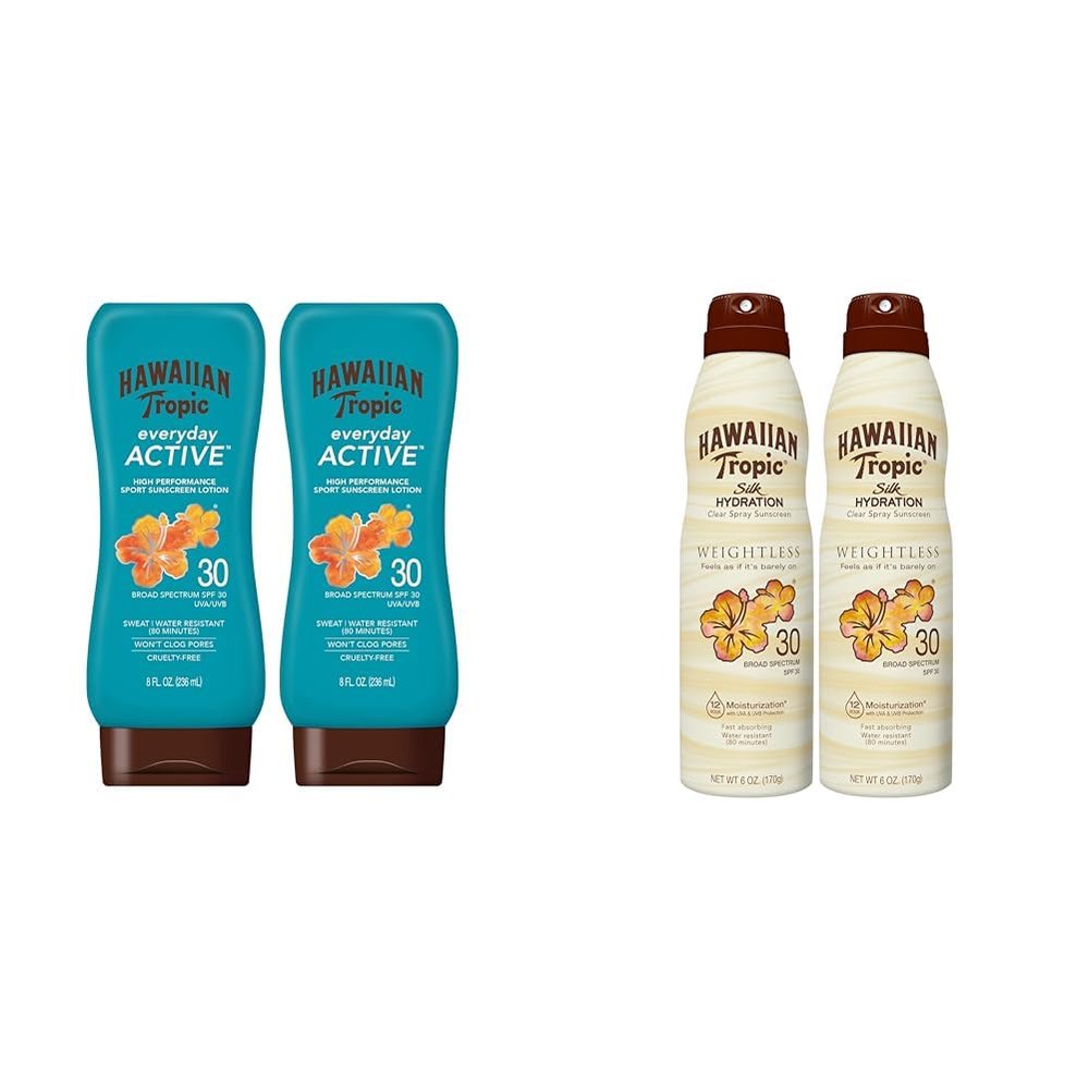 Hawaiian Tropic Everyday Active Lotion Sunscreen SPF 30 Twin 8oz Pack and Weightless Hydration Clear Spray Sunscreen SPF 30 Twin 6oz Pack