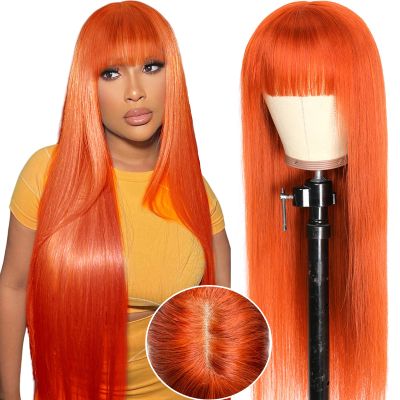 Ruiyu Ginger Orange Wigs Human Hair with Bangs 2x4 HD Lace Closure Straight 100% Brazilian Human Hair Wigs with Bangs Colored 350# Ready to Wear and Go Glueless Wigs for Women 22 Inch