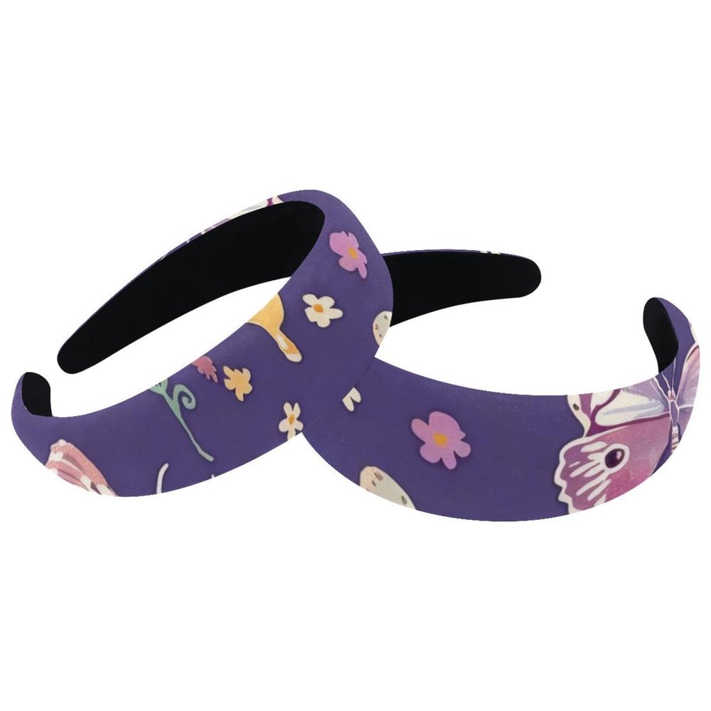 2 Pcs Wide Padded Headband Velvet Headbands Puffy Thick Hairbands Soft Hair bands for Women Girls Hair Accessories for Teen Girls,Butterflies Daisies
