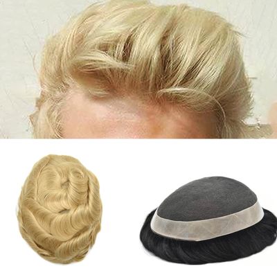 Mens Toupee Human Hair System For Men French Lace Center Poly Coating Around Mens Hair Replacement System Protesis Capilar Para Hombre Hairpiece 6"X9" #22R Light Blonde-120% density