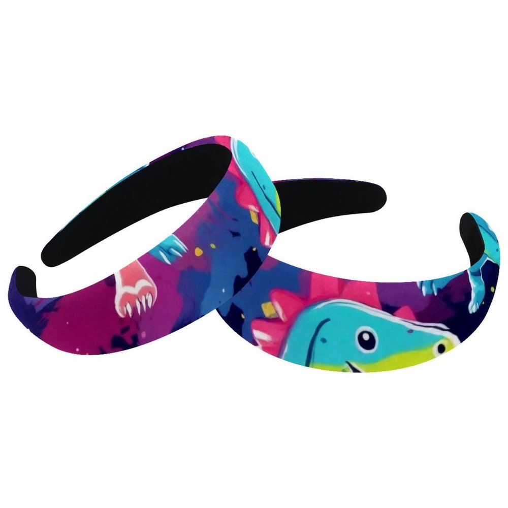 2 Pcs Wide Padded Headband Velvet Headbands Puffy Thick Hairbands Soft Hair bands for Women Girls Hair Accessories for Teen Girls,Neon Dinosaurs