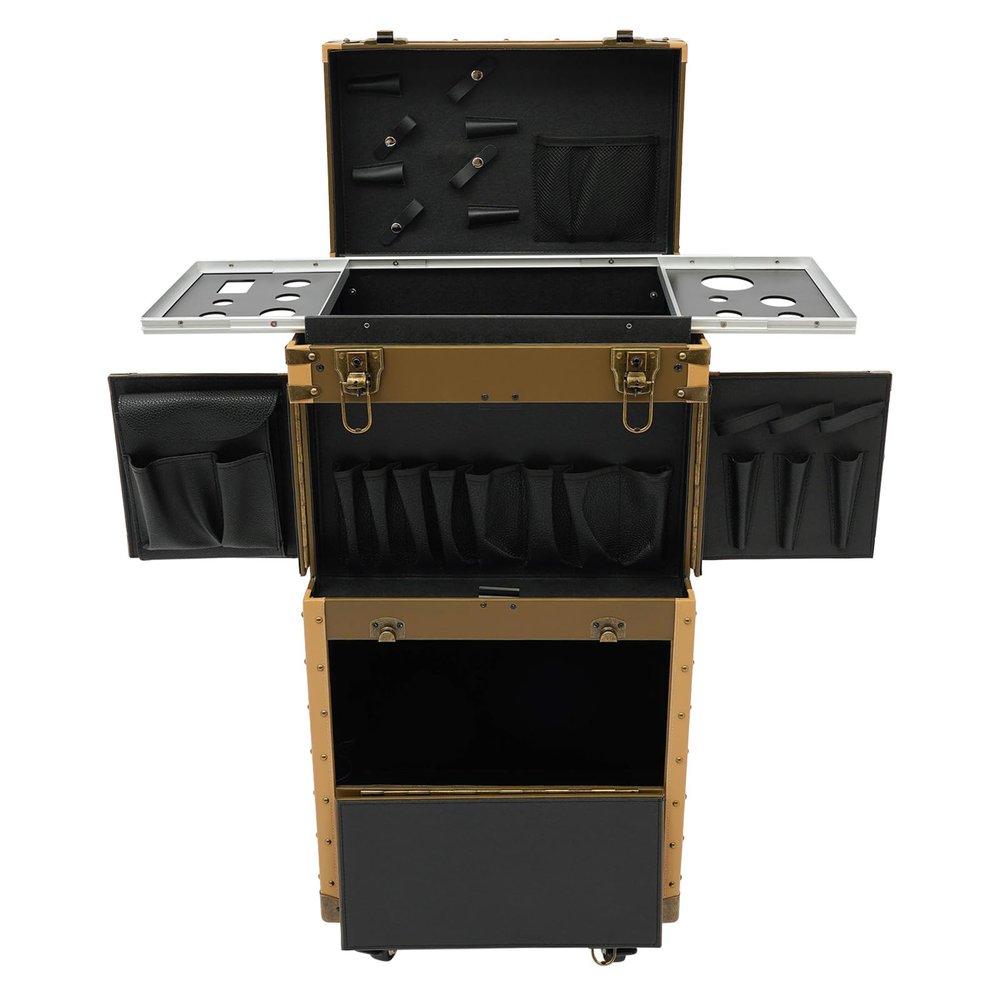 ZeStarDair Makeup Rolling Case Professional Makeup Case 2 Mobile Password Locks and 2 Keys, Professional Makeup Train Case for Make Up Nail Hairstylists (Gold)