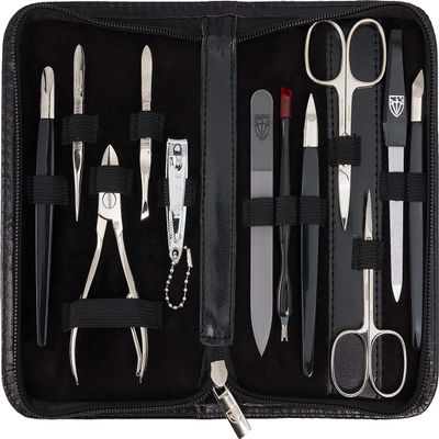 3 Swords Germany  Brand Quality 12 Piece Manicure Pedicure Grooming kit Set for Professional Finger & Toe Nail Care with Black Synthetic Leather case - Made in Germany