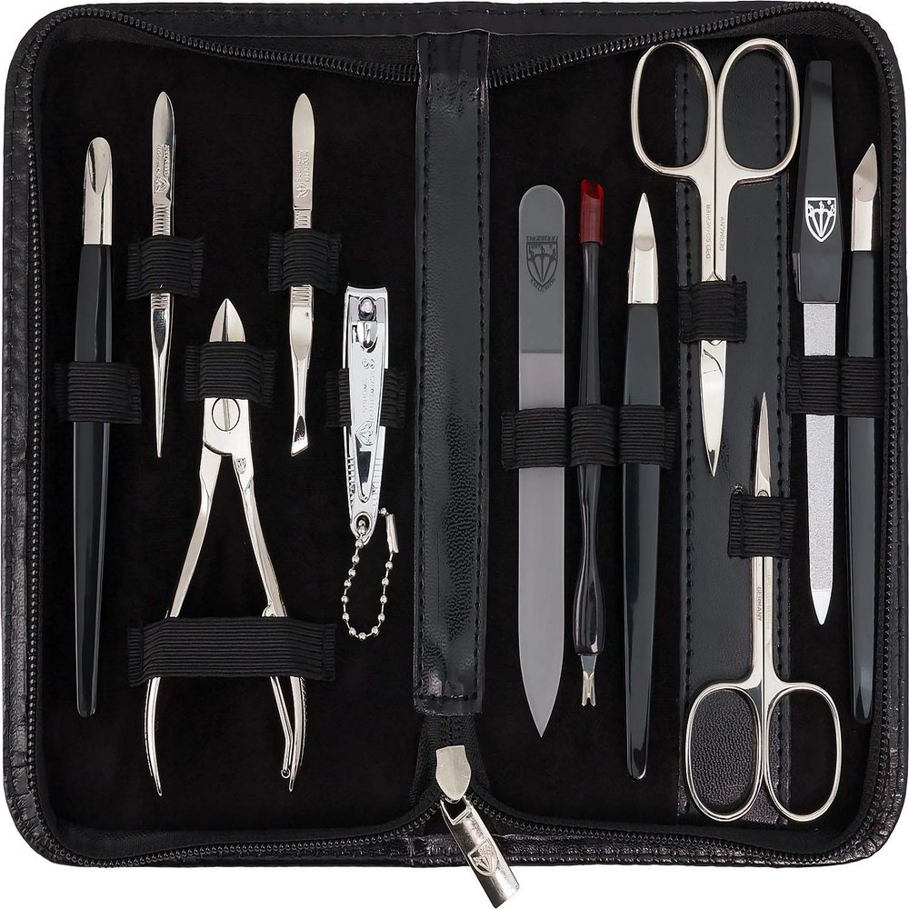 3 Swords Germany  Brand Quality 12 Piece Manicure Pedicure Grooming kit Set for Professional Finger & Toe Nail Care with Black Synthetic Leather case - Made in Germany