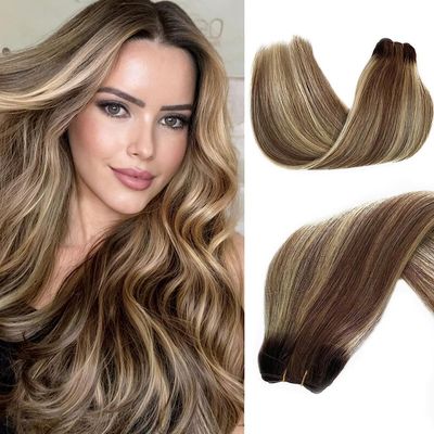 Weft Hair Extensions Human Hair Sew in Ombre Remy Hair Ash Brown with Bleach Blonde Highlights Sew in Hair Extensions Hand Tied Hair Weft Extensions 18 Inch 100G