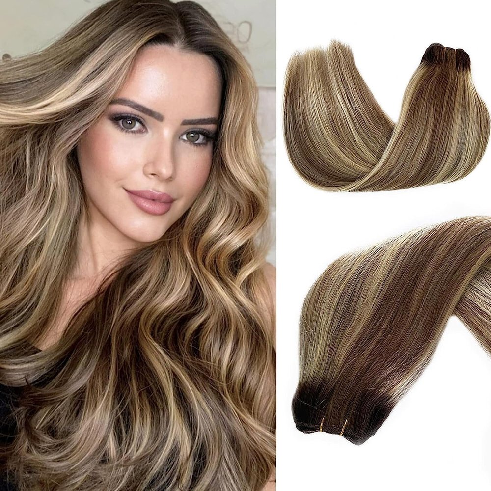 Weft Hair Extensions Human Hair Sew in Ombre Remy Hair Ash Brown with Bleach Blonde Highlights Sew in Hair Extensions Hand Tied Hair Weft Extensions 18 Inch 100G