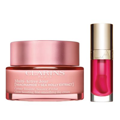 Clarins Multi-Active Day Face Moisturizer and Lip Oil Bundle | Anti Aging Face Cream with Niacinamide | Sheer, High Shine Finish Lip Oil Visibly Plumps | All Skin Types