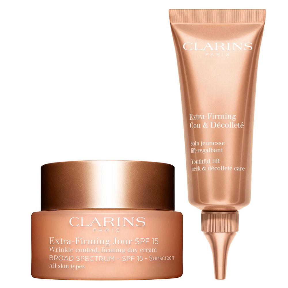 Clarins Extra-Firming Day Face Moisturizer with SPF 15 and Neck & Dcollet Bundle | Anti Aging Face Moisturizer with UVA/UVB Protection | Anti Aging Neck Cream | All Skin Types
