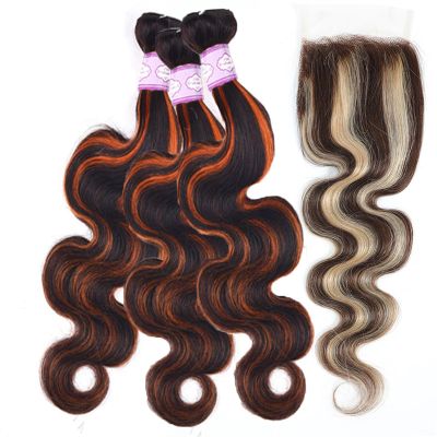 Bundles Body Wave Orange Human Hair Weave 3 Bundles with Closure and Frontal Highlight Blonde Lace Frontal with Bundles Remy Human Hair Hair Weft(13" x 4",12 12 12 12 and10)