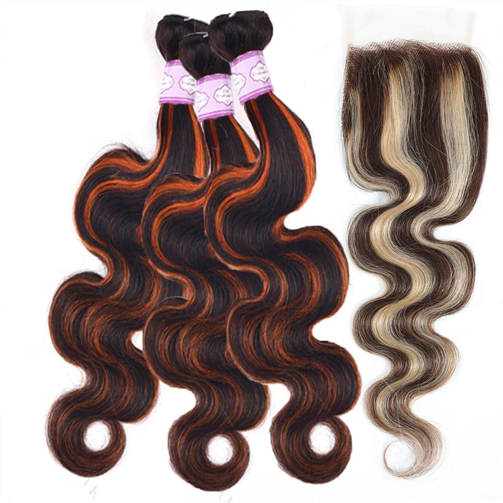 Bundles Body Wave Orange Human Hair Weave 3 Bundles with Closure and Frontal Highlight Blonde Lace Frontal with Bundles Remy Human Hair Hair Weft(13" x 4",12 12 12 12 and10)