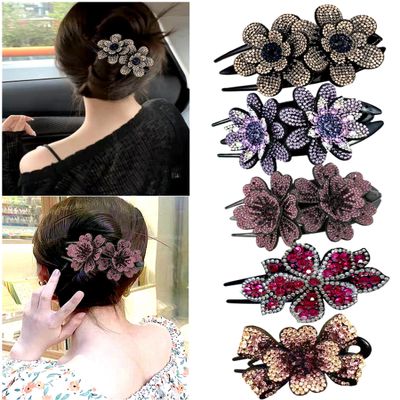 5 Pcs double flower decorative jeweled rhinestone hair clip pretty fancy floral thick crystal hair clips for women beautiful fashion designer asian accessories long chinese korean vintage ornaments