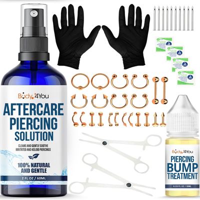 BodyJ4You 38PC Body Piercing Kit Aftercare Saline Cleanser Bump Removal | Belly Ring Nose Septum Tragus Ear Cartilage Industrial | Horseshoe Ring Hoop Barbell Stud Spike | 14G 16G 18G 20G