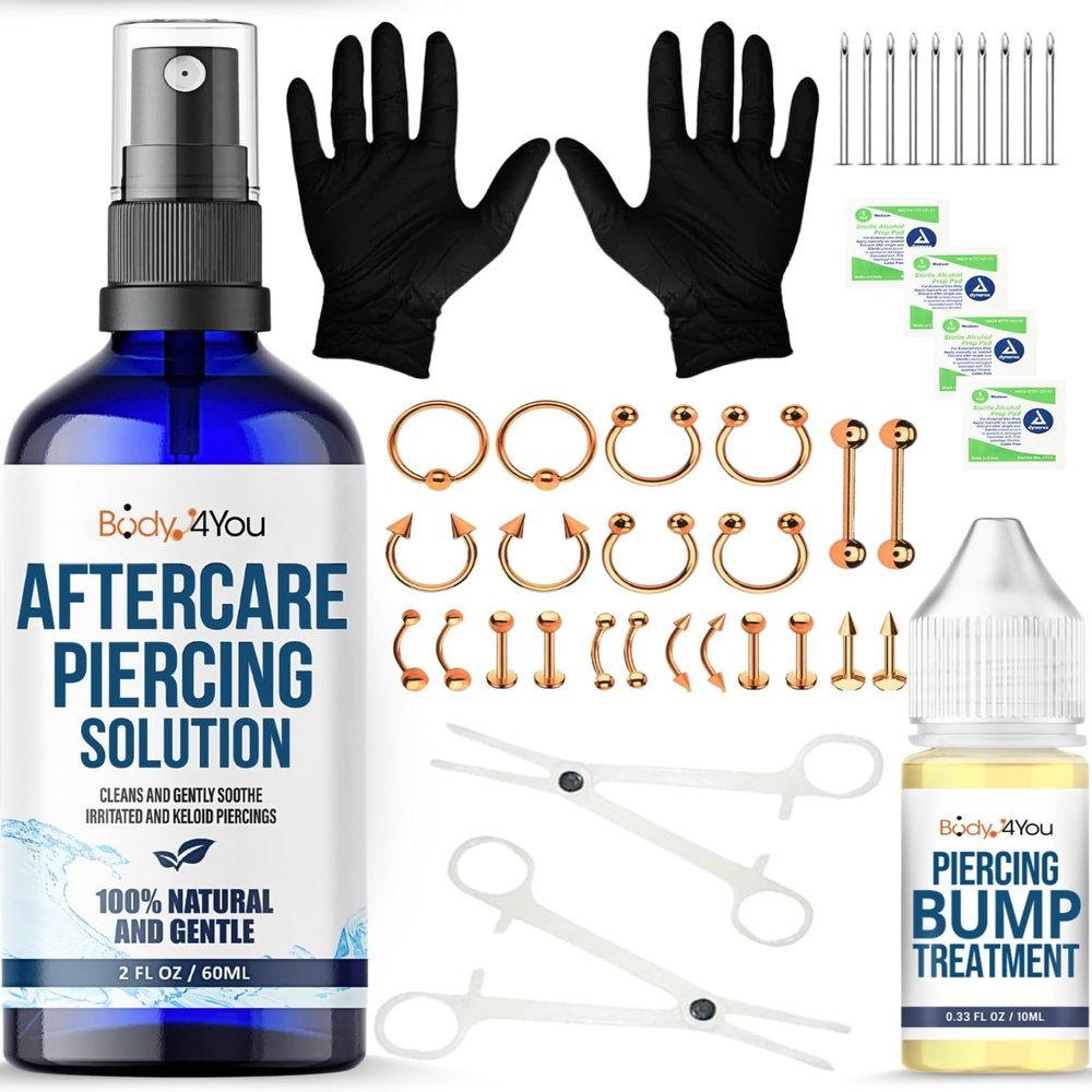 BodyJ4You 38PC Body Piercing Kit Aftercare Saline Cleanser Bump Removal | Belly Ring Nose Septum Tragus Ear Cartilage Industrial | Horseshoe Ring Hoop Barbell Stud Spike | 14G 16G 18G 20G