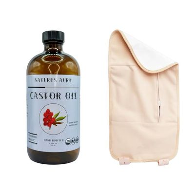 NinthAvenue Basics Natures Aura Organic Castor Oil + Castor Pack Kit | Glass (16.9 Oz) | Cold Pressed, Hexane Free, USDA Approved W/Free Mascara Wands (16.9 oz Castor Pack Kit)