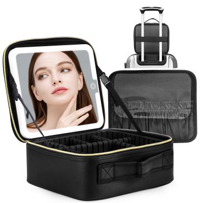 Makeup Bag with lighted Mirror, Travel Makeup Case for Women and Makeup Artists Cosmetic Organizer Large Make Up Bags with Light Up Mirror, 3 Color Lights, Adjustable Dividers and Brush Holder, Black