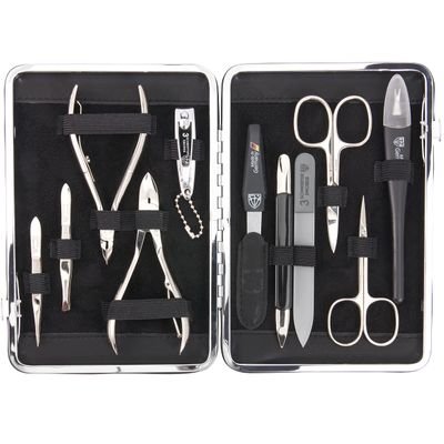 3 Swords Germany - brand quality 11 piece manicure pedicure grooming kit set for professional finger & toe nail care scissors clipper black genuine leather case in gift box, Made in Germany