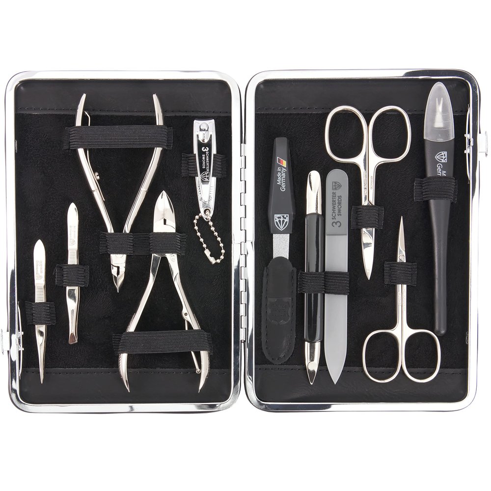3 Swords Germany - brand quality 11 piece manicure pedicure grooming kit set for professional finger & toe nail care scissors clipper black genuine leather case in gift box, Made in Germany