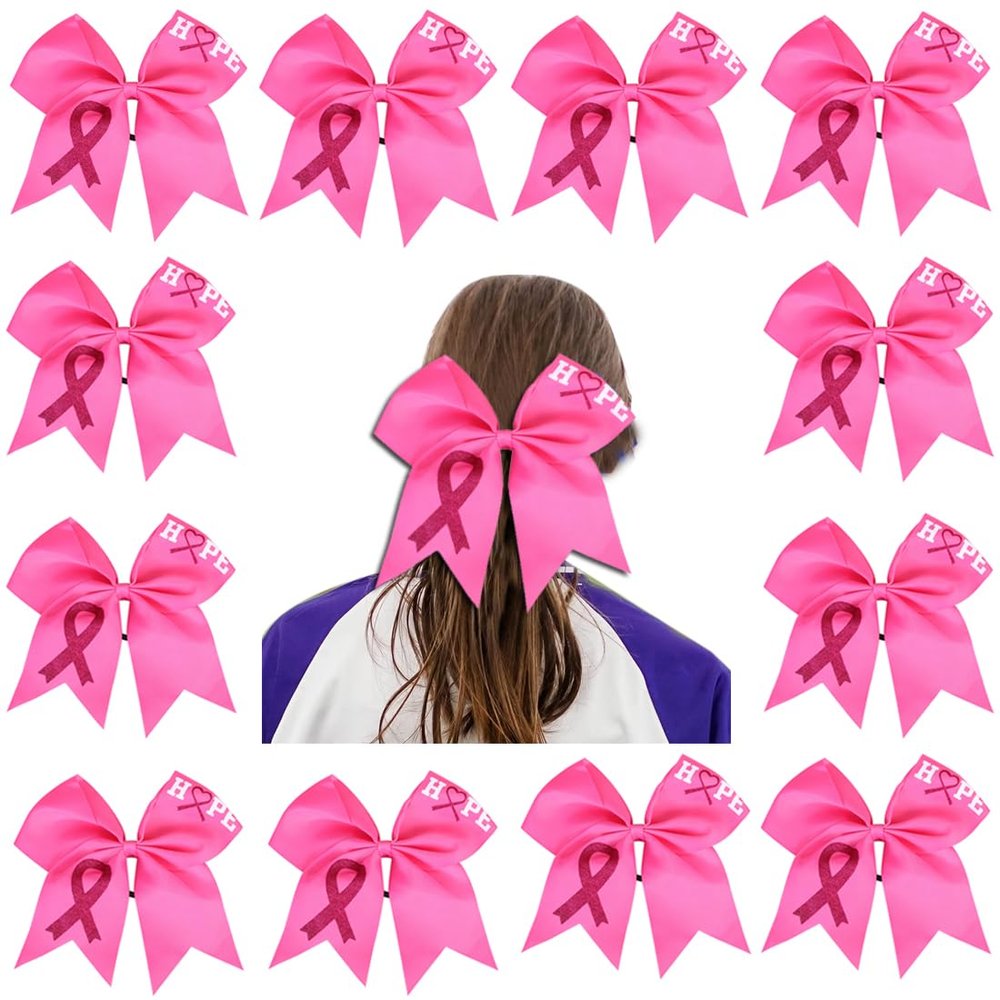 12Pcs 7 Inch Breast Cancer Awareness Cheerleader Bow Large Hair Bow With Ponytail Holder Hair Band For Breast Cancer Month (Hope Pink)