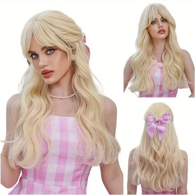 24inch Cosplay Long wavy Synthetic Wig for Woman for Hair Loss Natural Long Wig with Bangs (Gold)