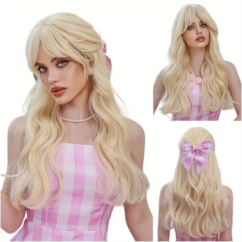 24inch Cosplay Long wavy Synthetic Wig for Woman for Hair Loss Natural Long Wig with Bangs (Gold)