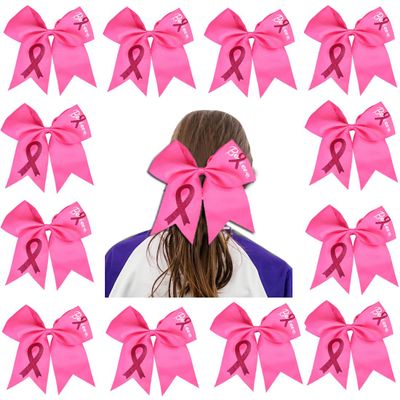 12Pcs 7 Inch Breast Cancer Awareness Cheerleader Bow Large Hair Bow With Ponytail Holder Hair Band For Breast Cancer Month (Believe Pink)