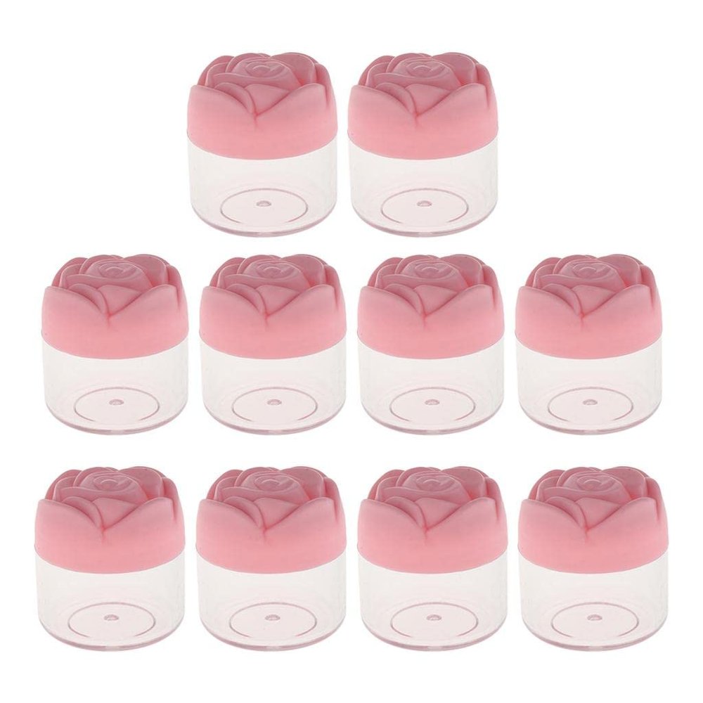 10 Pack 20g Empty Cosmetic Containers- Plastic Jars with Leakproof Rose Shaped Screw Lid- for DIY Creams, Lip Balms, and Nail Glitters- Compact Size for Travel- Female Beauty