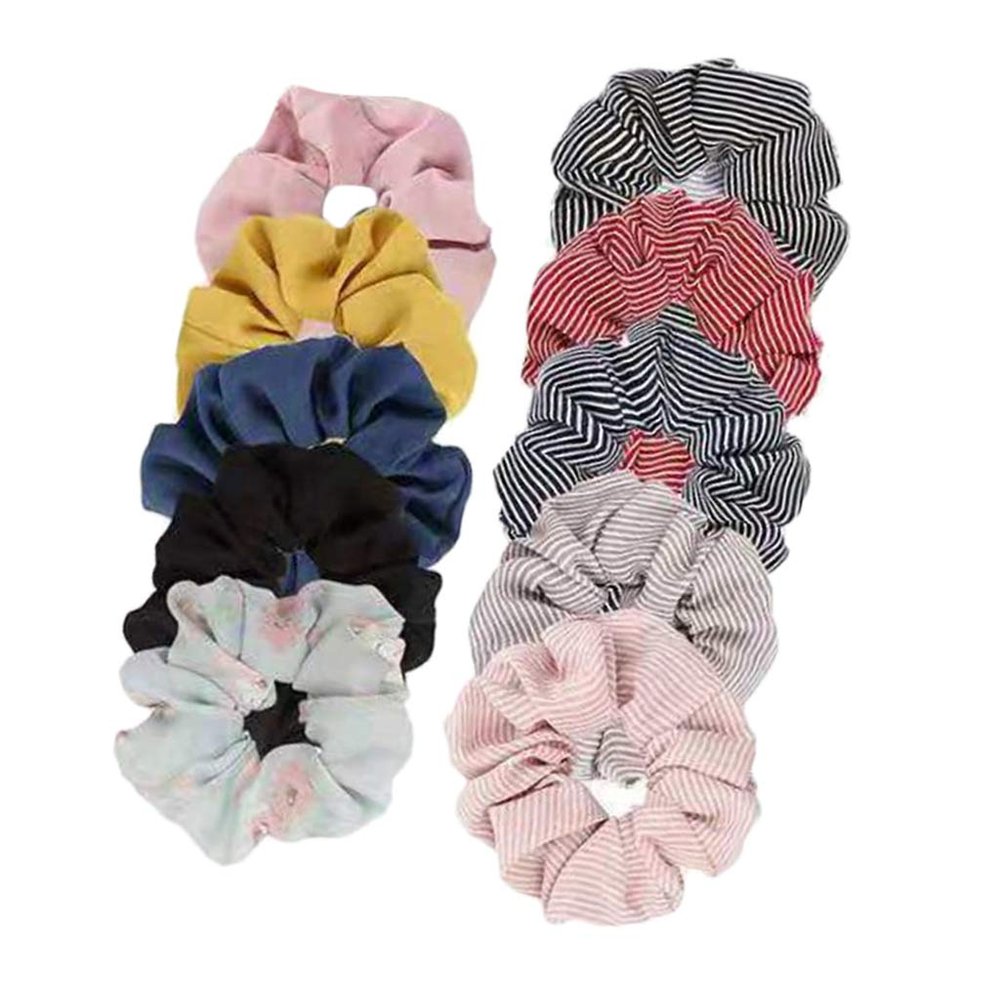 10-Piece Floral Stripe Hair Scrunchies Set | Premium Fabric Elastic Bands for Women | for Hairstyles & Parties | Colorful Chiffon Hair Ties Pack
