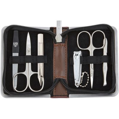 3 Swords Germany - brand quality 6 piece manicure pedicure kit set for professional finger & toe nail care with synthetic leather case - Made in Germany - brown
