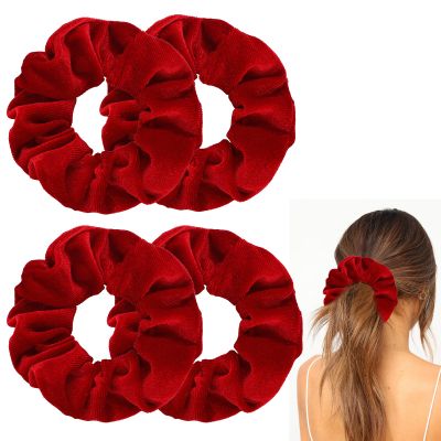 4 Pcs Hair Scrunchies Velvet Elastic Hair Band Thick Large Soft Scrunchy Ropes Curly Ponytail Holder Ties Gift for Wristband Girls Women Hairs Accessories Valentine's Day Christmas(Red)