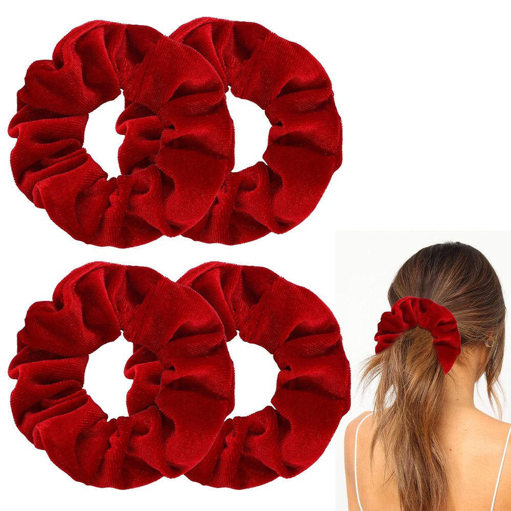 4 Pcs Hair Scrunchies Velvet Elastic Hair Band Thick Large Soft Scrunchy Ropes Curly Ponytail Holder Ties Gift for Wristband Girls Women Hairs Accessories Valentine's Day Christmas(Red)