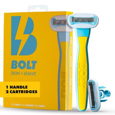 Bolt Skin + Shave Performance Razor for Mens Leg, Head, Chest & Arm Shaving Ergonomic Zinc Alloy Handle, 5-Blade Cartridge with Aloe & Vitamin E, Designed for Coarse Hair With 2 Cartridges