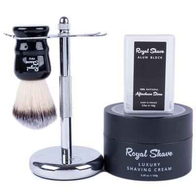 4-Piece Add-On Safety Razor Accessory Set by Royal Shave - Premium Shaving Cream, Chrome Stand, Shaving Brush & Alum Stone (Bergamot)