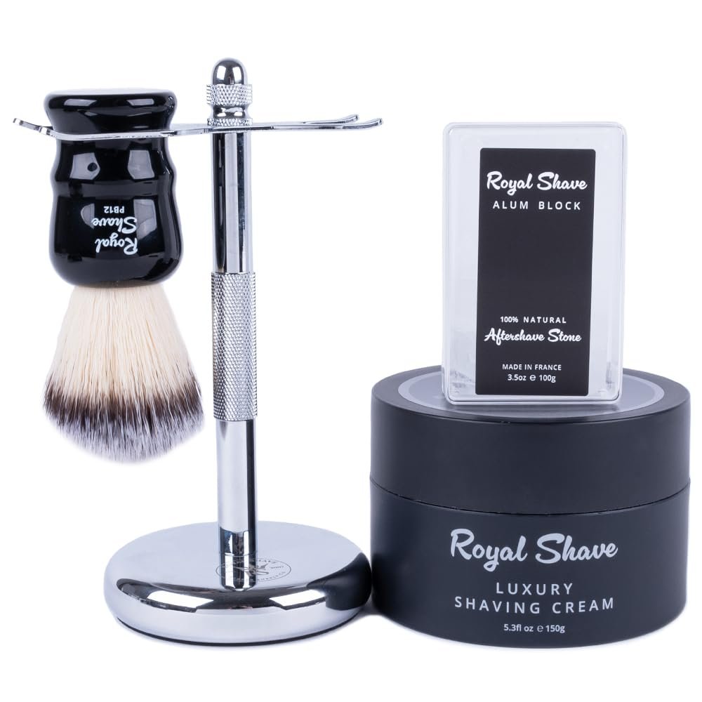4-Piece Add-On Safety Razor Accessory Set by Royal Shave - Premium Shaving Cream, Chrome Stand, Shaving Brush & Alum Stone (Bergamot)