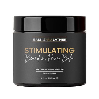 BASK & LATHER Stimulating Hair & Beard Balm, Leave-in Conditioner With Essential Oils, Mango & Shea Butter, Supports Itchy or Dry Scalp for All Types, Strengthens & Shines Beards, 4 fl oz