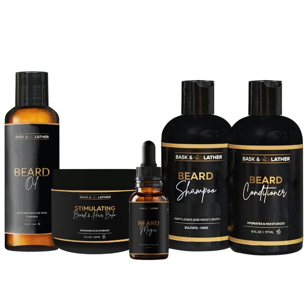 Bask & Lather Healthy Hair and Beard Care Kit for Men Includes Beard Oil, Beard Shampoo and Beard Conditioner, Beard Magic, and Stimulating Hair Balm, 5 Product All-In-One Starter Grooming Kit, Black