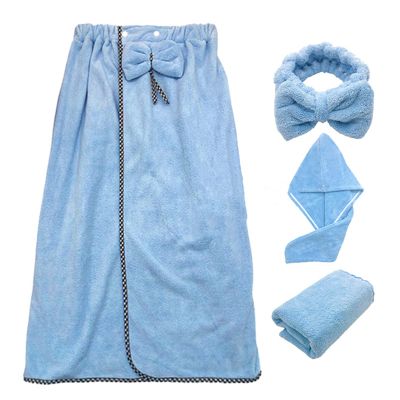 4Pcs/Set Women Wearable Bath Wrap With Towel Headband Hair Dry Cap Bow Bathrobe