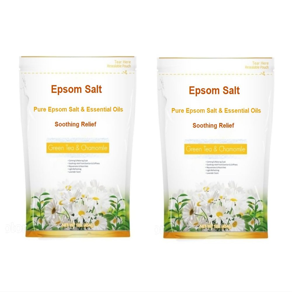 AmeriCan Goods 2/Pack Pure Epsom Salt Bath Soak Soothing Relief Green Tea & Chamomile with Essential Oils 36.4 oz Calming Relaxing Rejuvenates