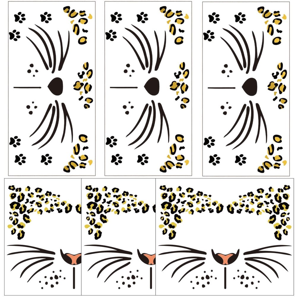 Fake Cheetah Face Tattoos 6-Sheet Leopard Print Temporary Tattoo Whisker Tattoos