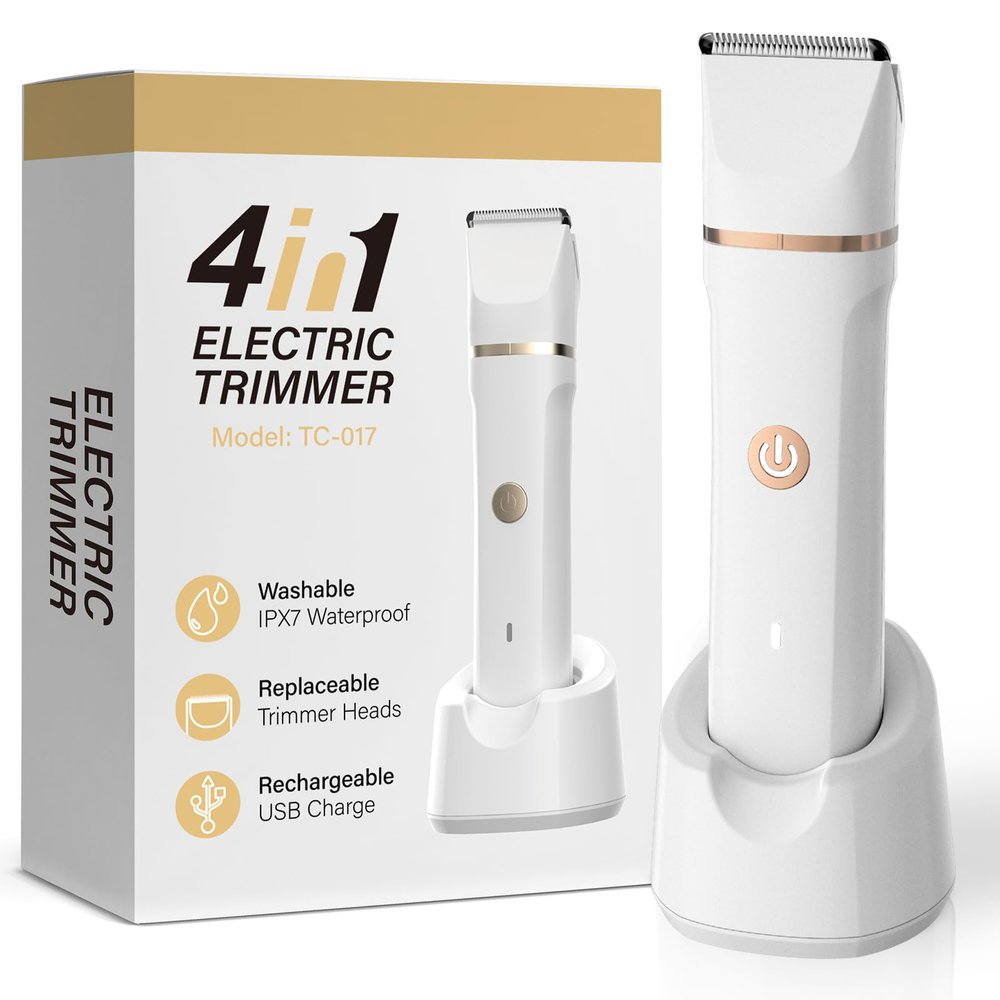 4-in-1 Electric Bikini Trimmer for Women - Painless Electric Razors for Facial/Body/Armpit/Pubic Hair, IPX7 Waterproof Replaceable Shaver Head & Nose Hair Trimmer for Travel, Gifts for Girlfriend Wife