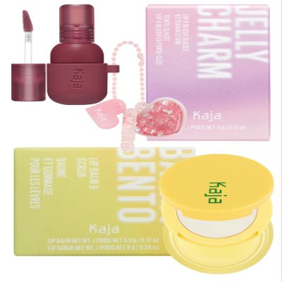 Kaja Lip & Blush Glazed Keychain Stain - Jelly Charm 04 Fig Soda + Lip Bento Balm + Scrub, Pia Colada, 0.4 Oz Bundle